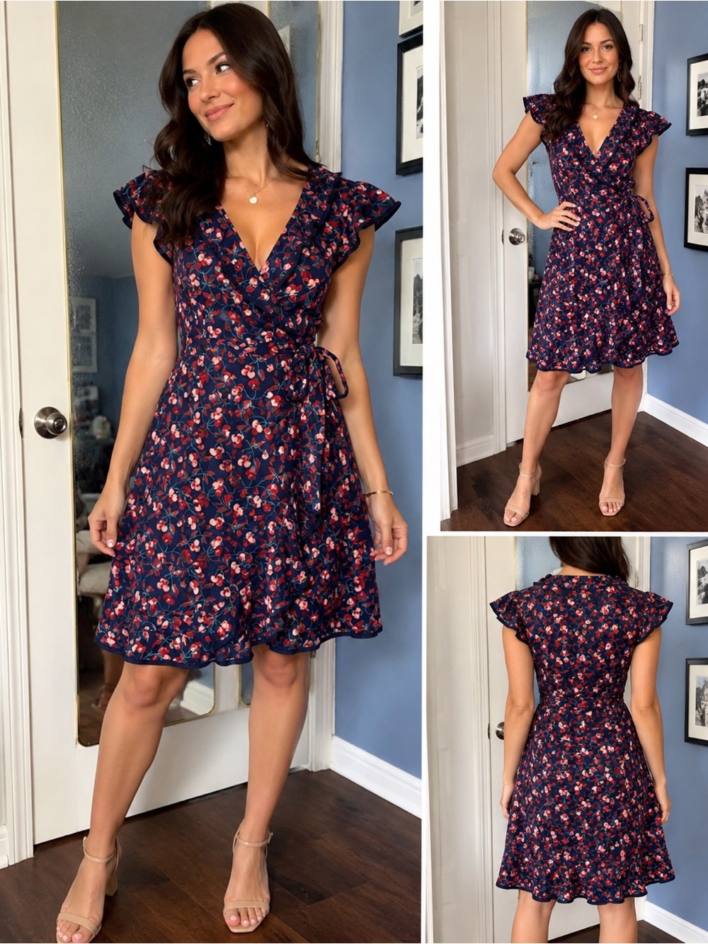 Anthropologie Hi There Cherry Print Wrap Dress Navy Flutter Sleeve Midi SZ 10